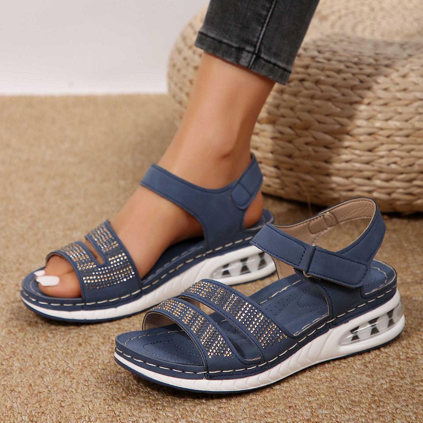 Women Summer Rhinestone Wedges Sandals Casual Sports Air Cushion Bottom Beach Shoes Roman Sandals