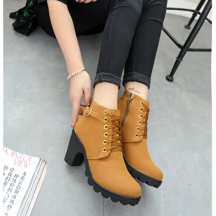 Women's boots with a chunky block heel and buckled ankle boots