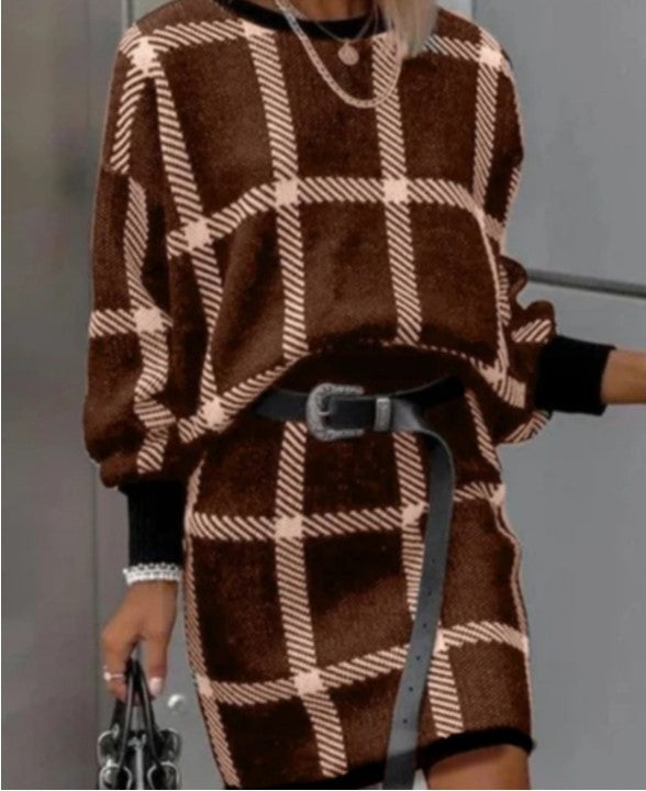 Women Large Plaid Pullover Long Sleeve Woolen Skirt Suit Two-piece Set