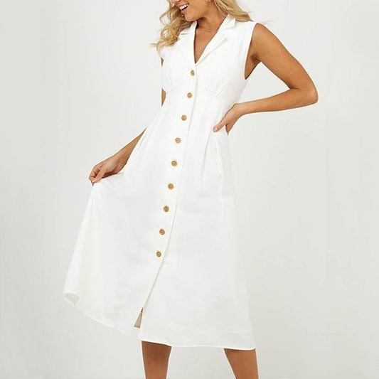 Women's collection casual cotton and linen dress with buttons