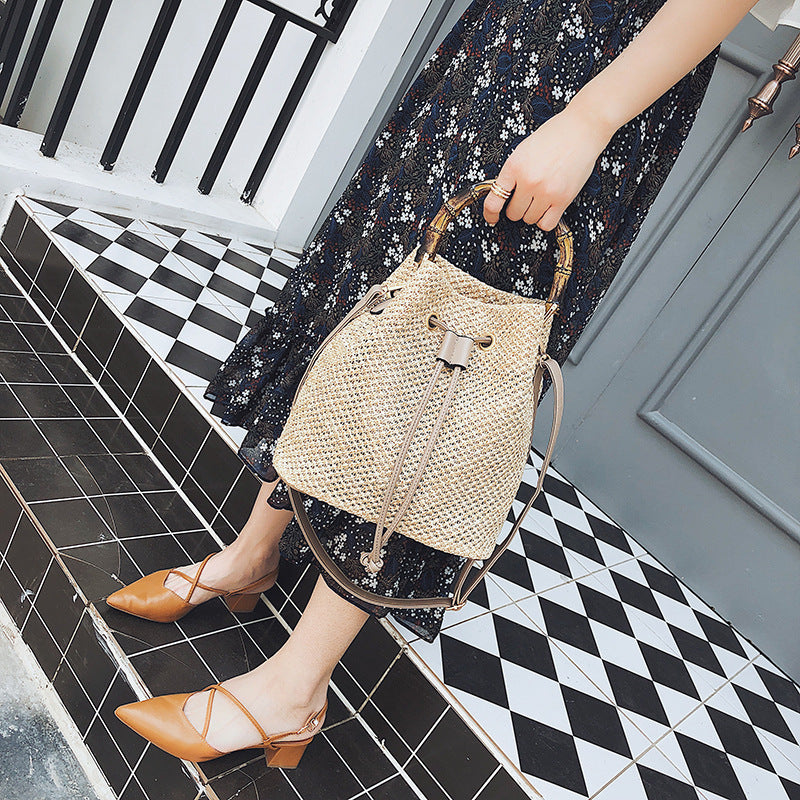 Bamboo bucket bag personality straw handbag