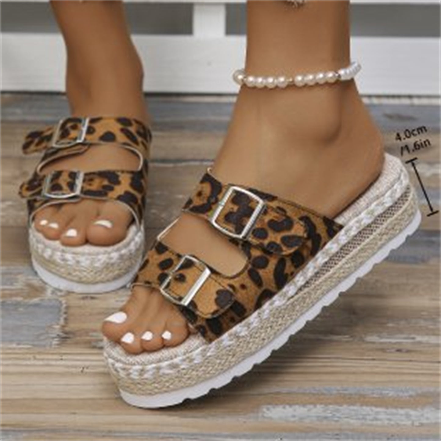 Women Summer Shoes Leopard Print Flat Sandals Hemp Sandals With Thick Soles