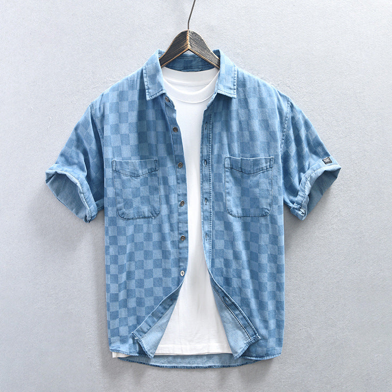 Men's Casual Summer Lapels Short Sleeve Solid Color Buttons Striped Shirt