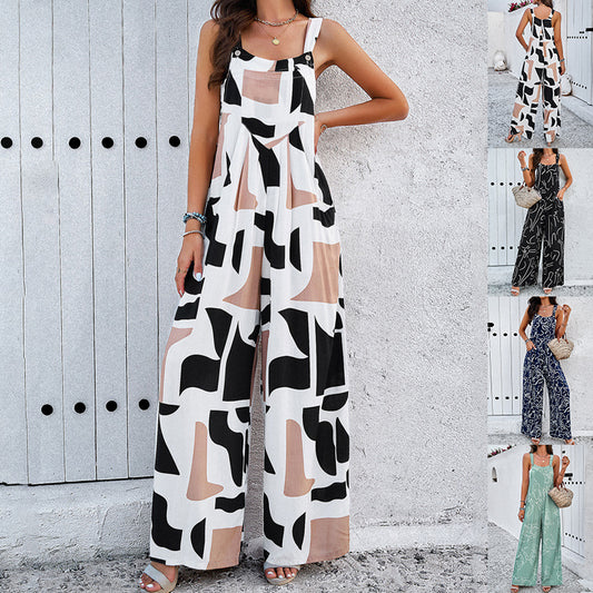 Women Fashion Print Square Neck Jumpsuit With Pockets Spring Summer Casual Loose Overalls Womens Clothing