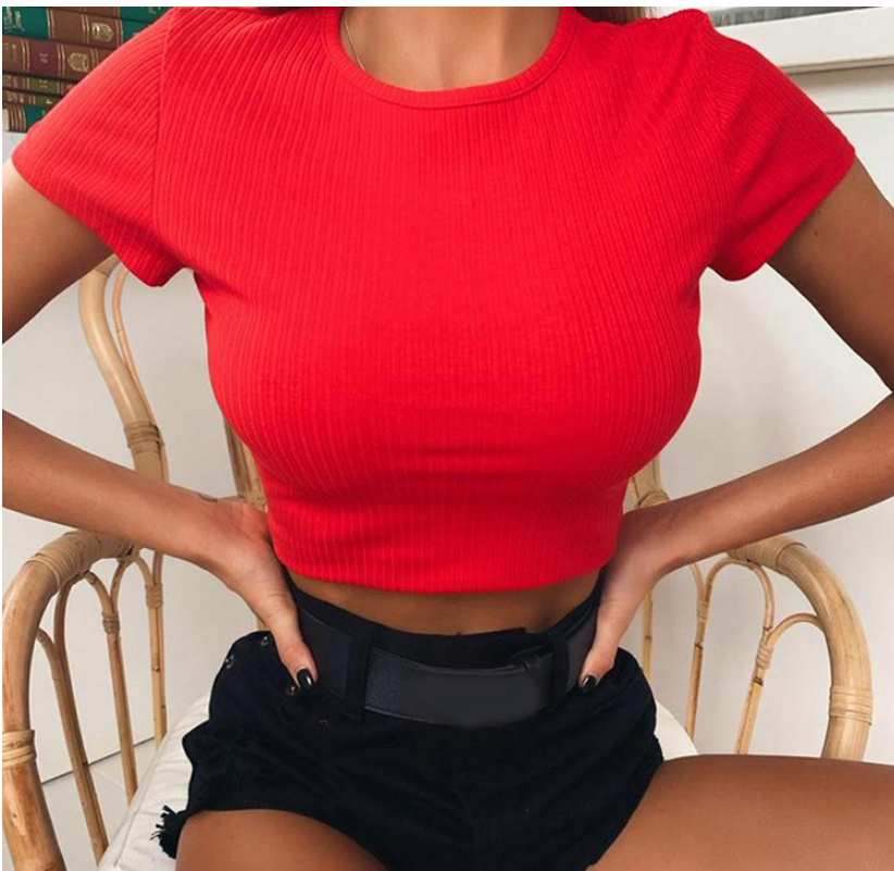 Women's Neon Knitted T-Shirt O Neck Short Sleeve T & Shirts Sexy Crop Top