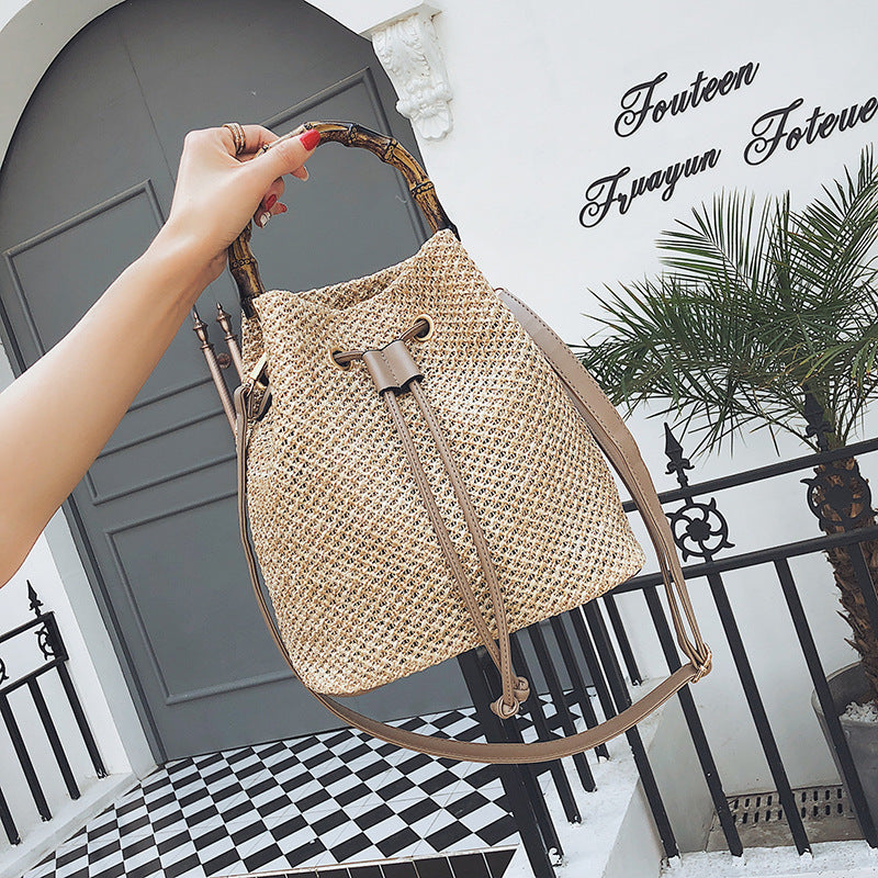 Bamboo bucket bag personality straw handbag