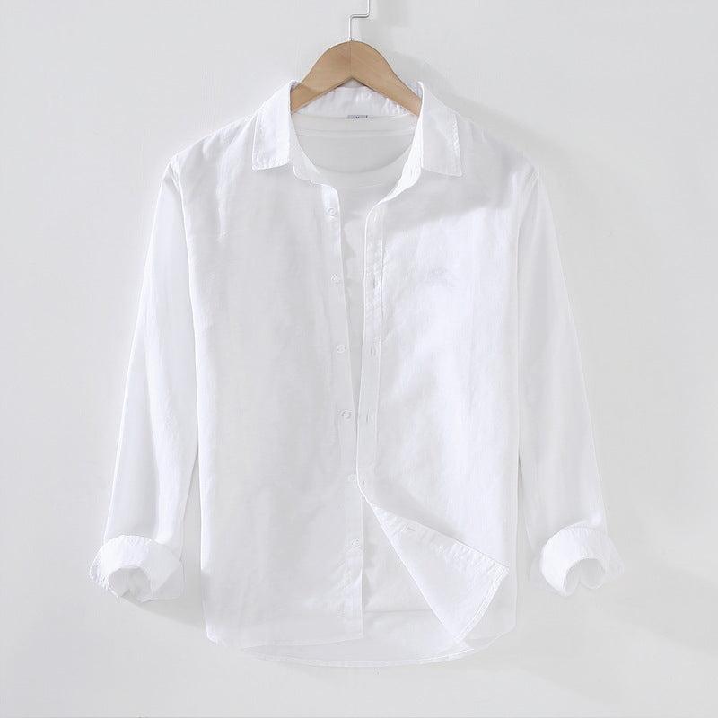 Men Spring And Summer Men's Linen White Long-sleeved Shirt