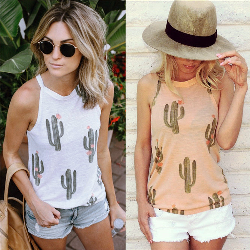 Women Summer Cactus Print shirt Casual Halter Harajuku Women T-shirt Top