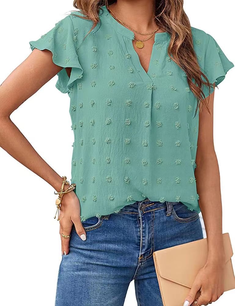 Women Sommer V-Ausschnitt Rüschen Kurzarm Bluse Dot Flowy Shirt Top