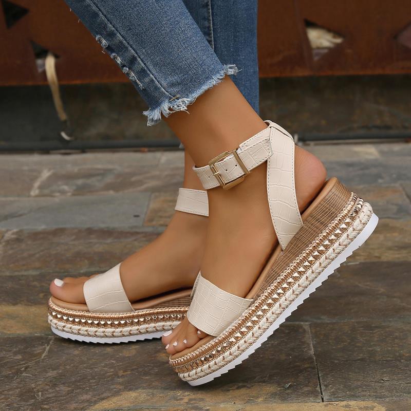 Women Sommer Sandalen Schnalle Riemen Hanf Wedges Plattform Peep Toe Schuhe Frauen