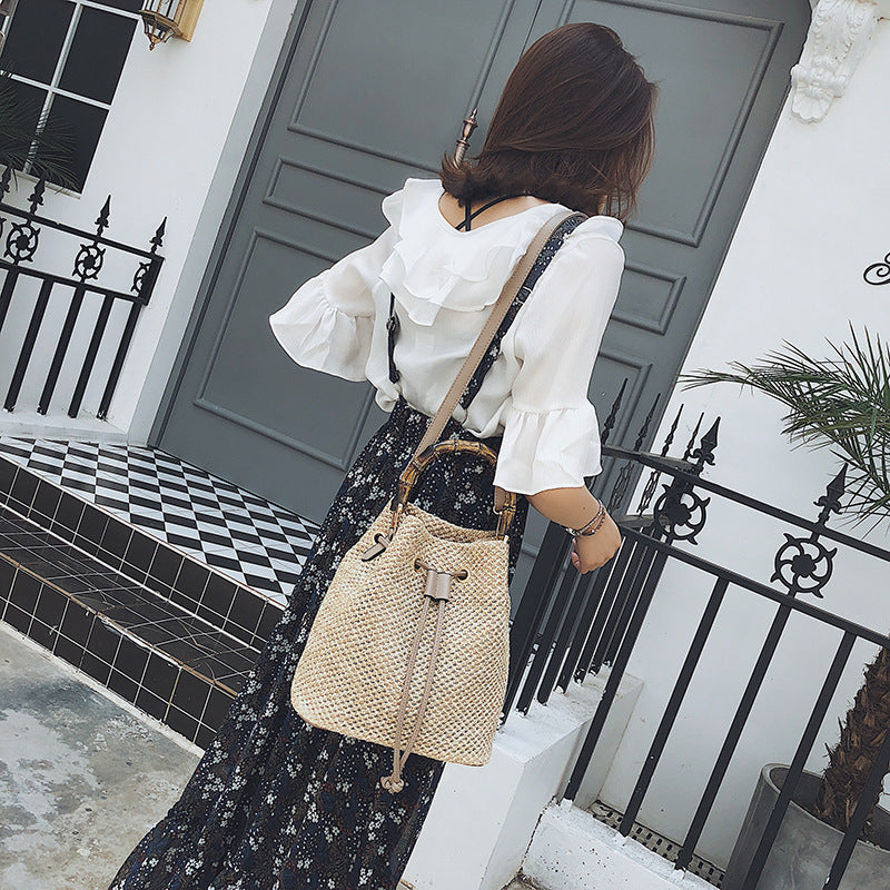 Bamboo bucket bag personality straw handbag