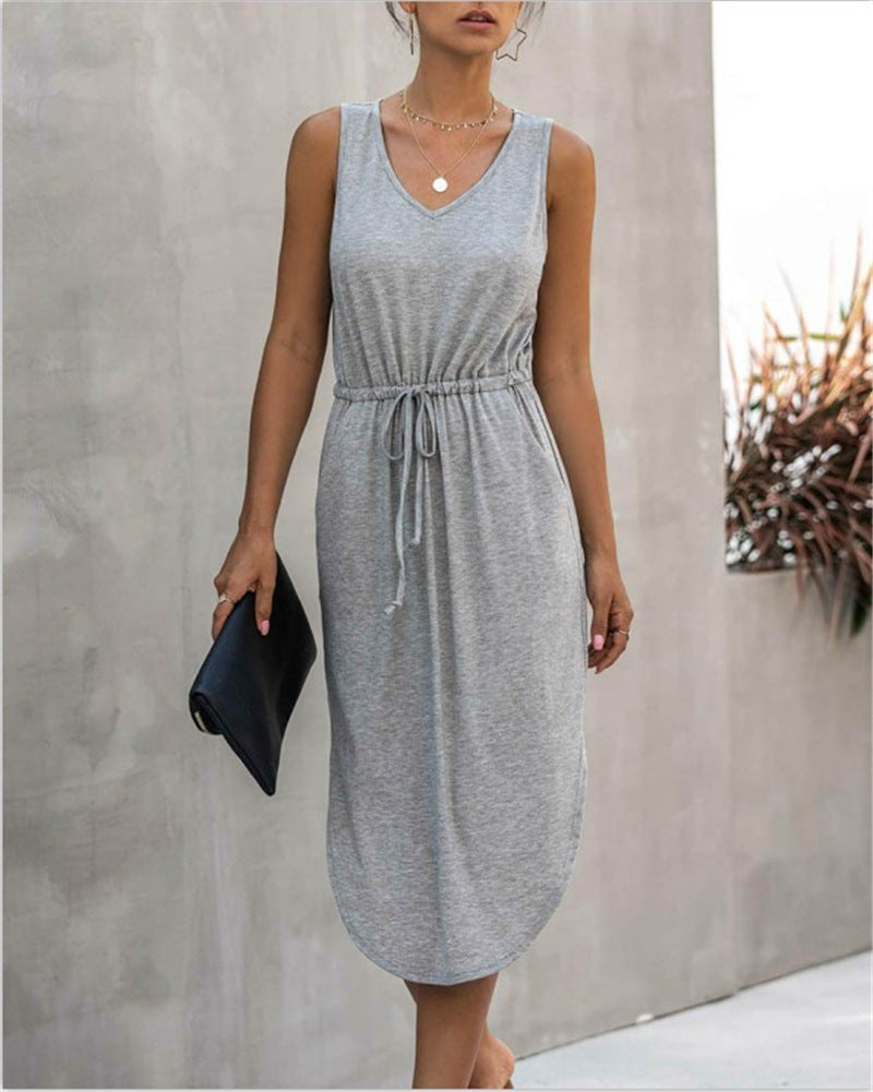 Women Irregular Cinched Round Neck Vest Dress