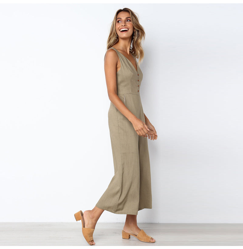 Women V-neck button backless jumpsuit