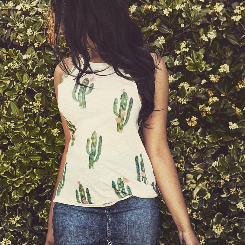 Women Summer Cactus Print shirt Casual Halter Harajuku Women T-shirt Top