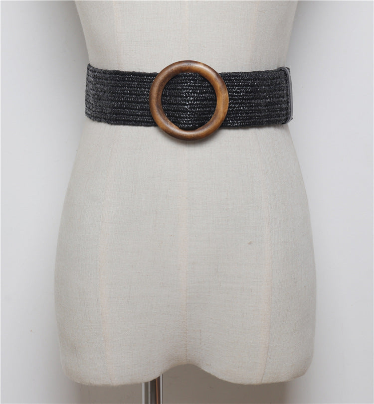 Women round buckle belt with wax rope