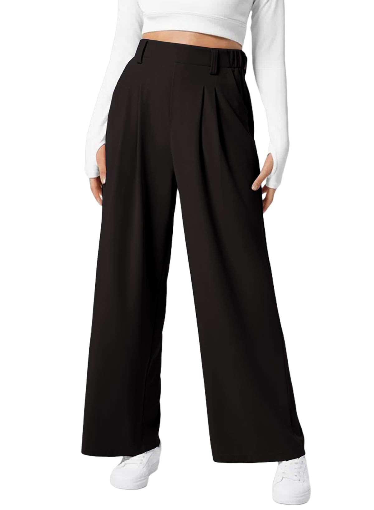 Women's wide leg pants elastic high waist waffle knit casual