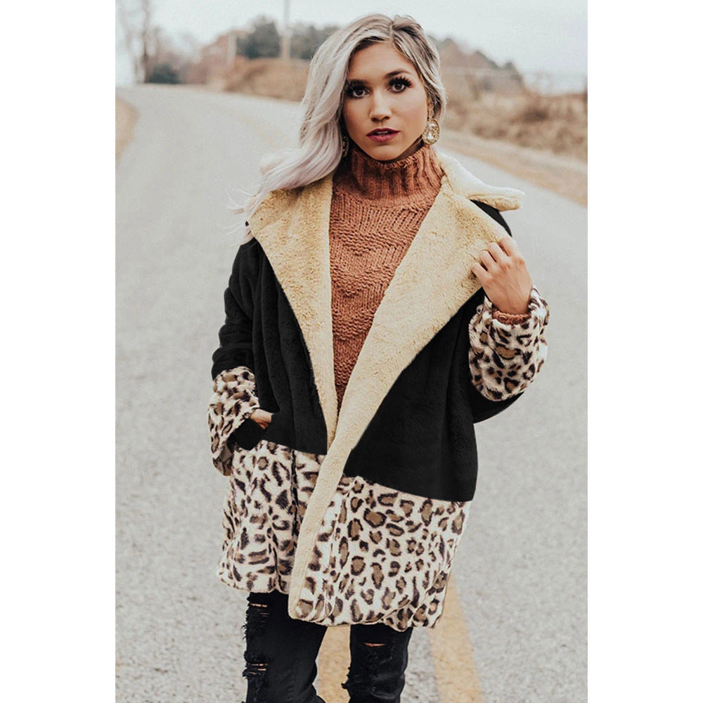 Women Contrast Stitching Leopard Print Jacket Top