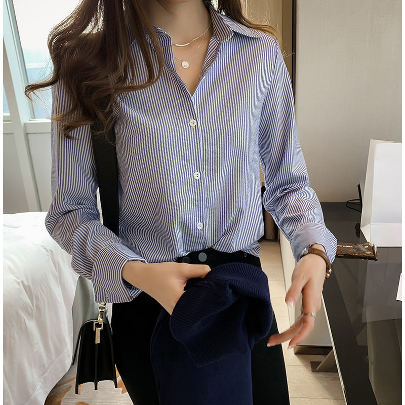 Women Casual Bluse Shirt Mode Lose Lange Ärmeln Vertikale Gestreiften Hemd