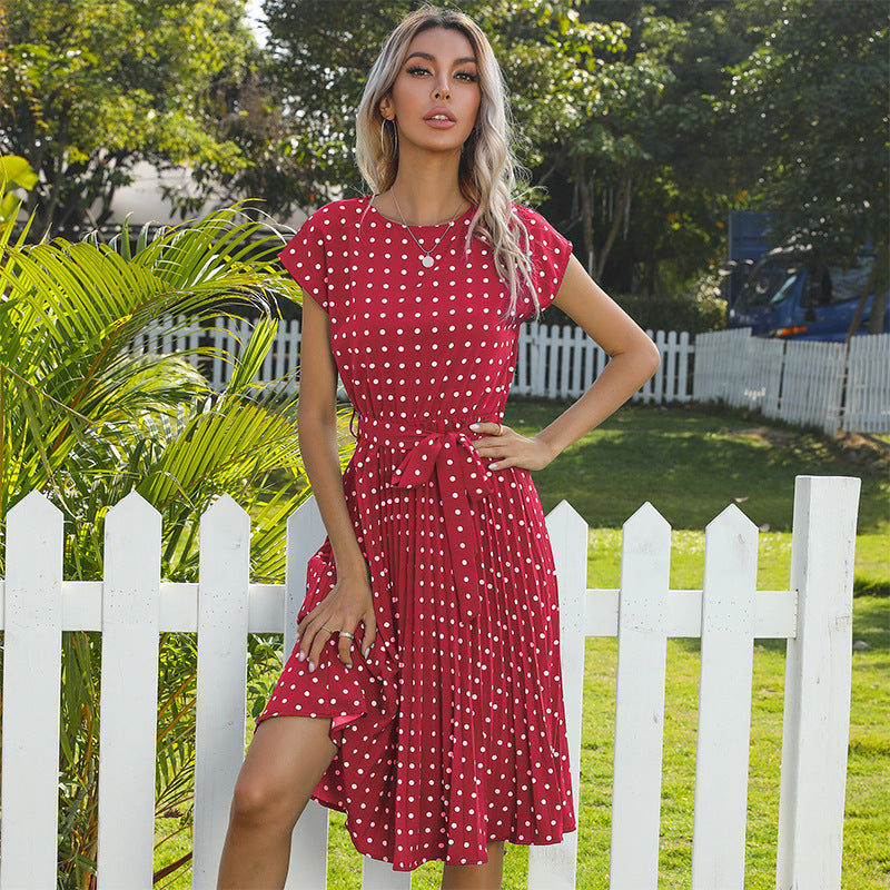 Women Polka Dot Print Round Neck Dress Mid Length