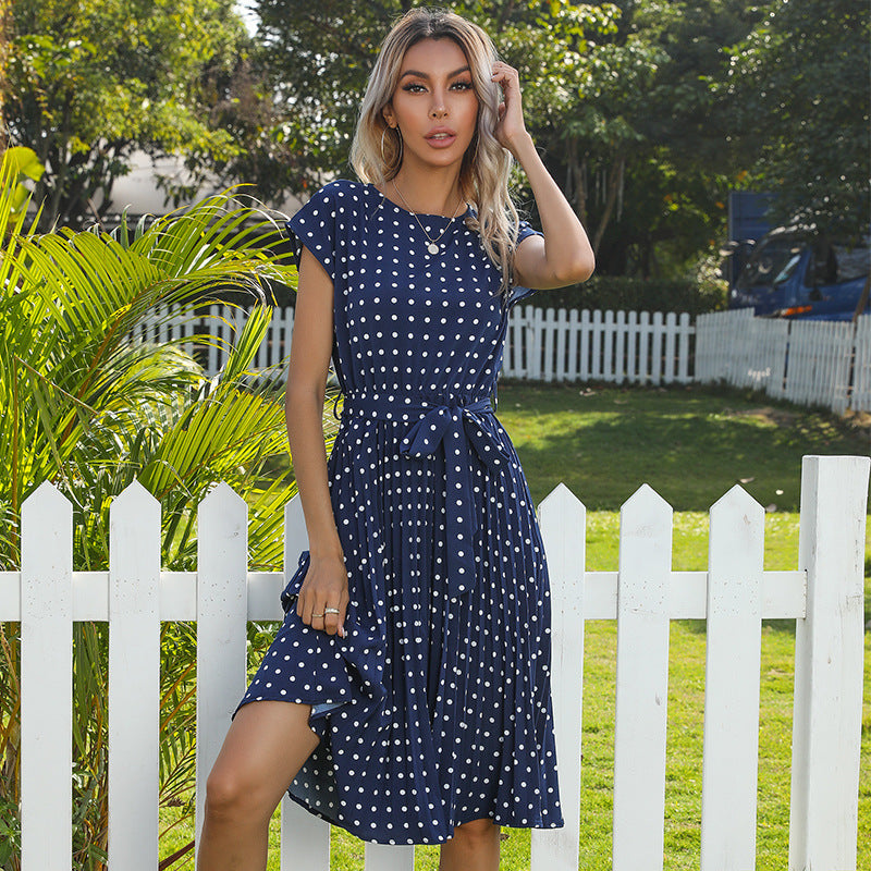 Women Polka Dot Print Round Neck Dress Mid Length