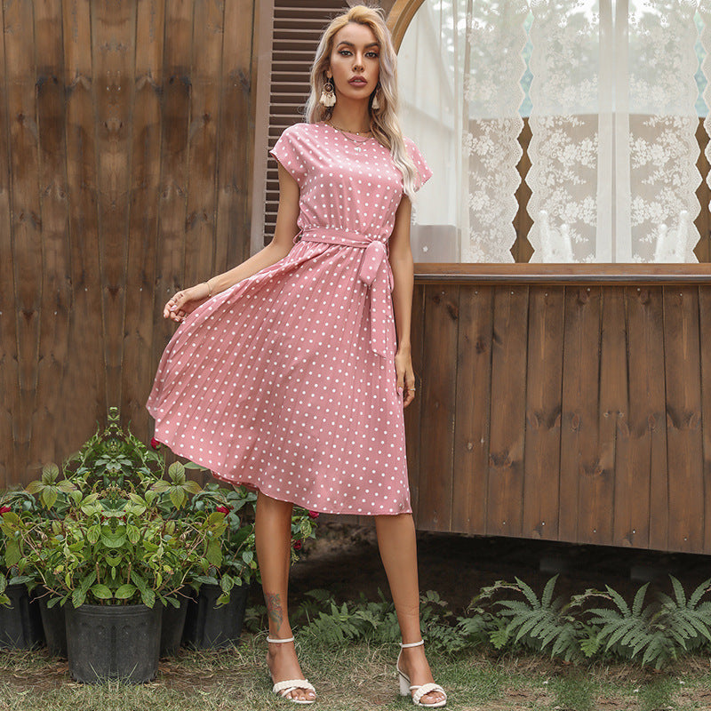 Women Polka Dot Print Round Neck Dress Mid Length