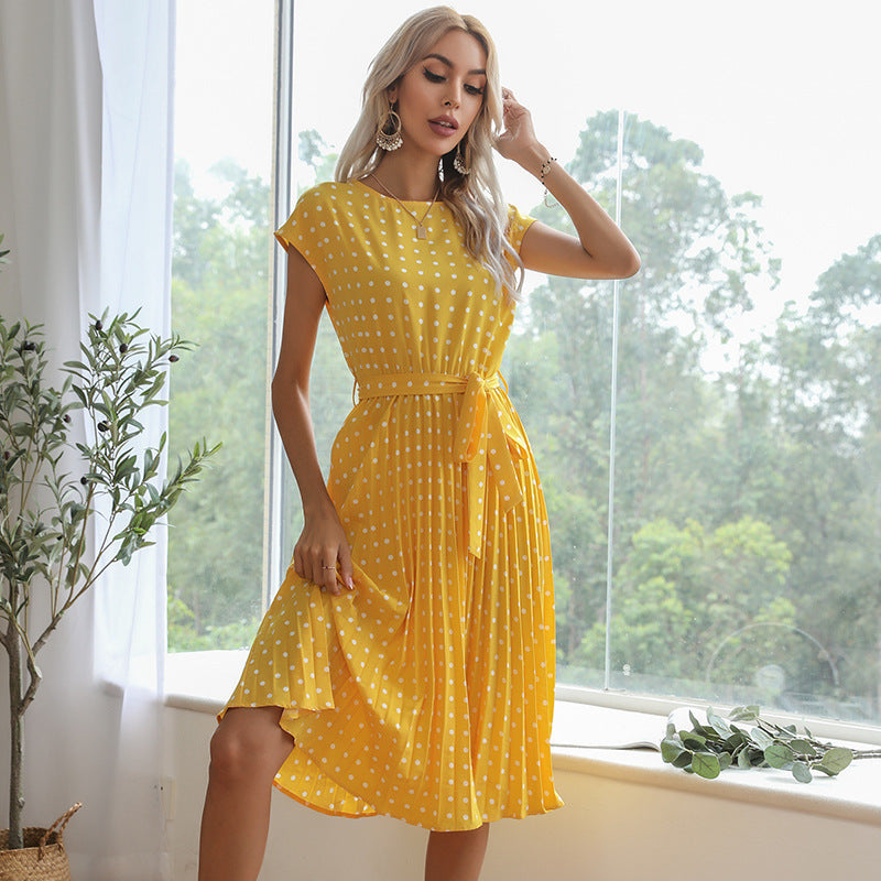 Women Polka Dot Print Round Neck Dress Mid Length