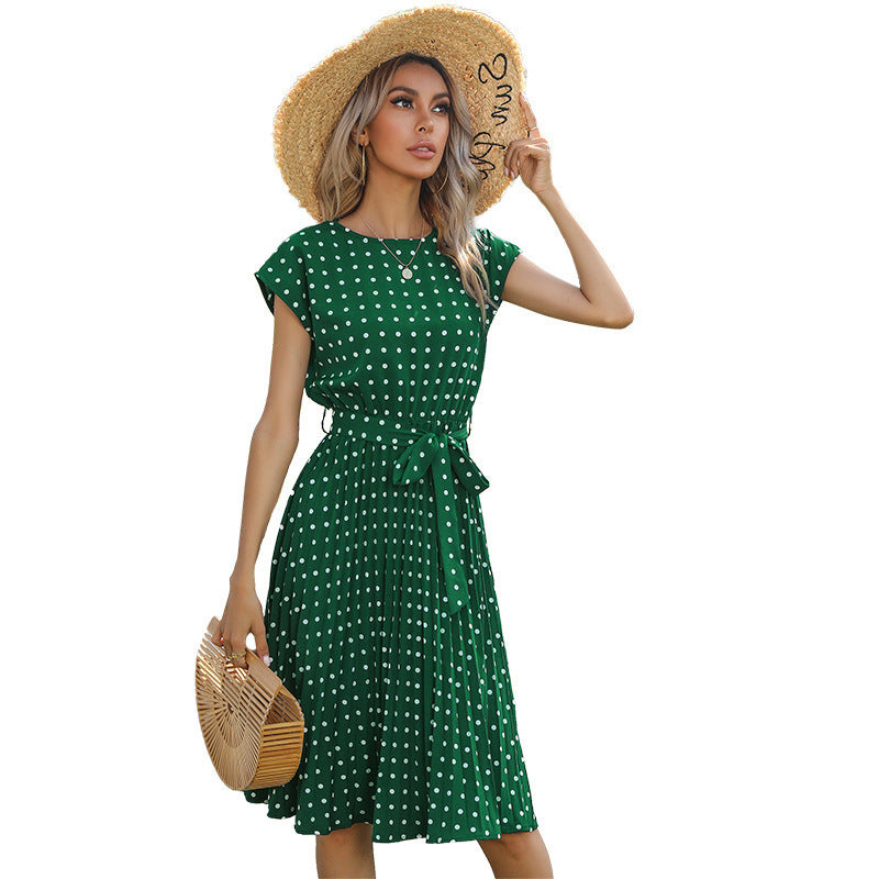 Women Polka Dot Print Round Neck Dress Mid Length