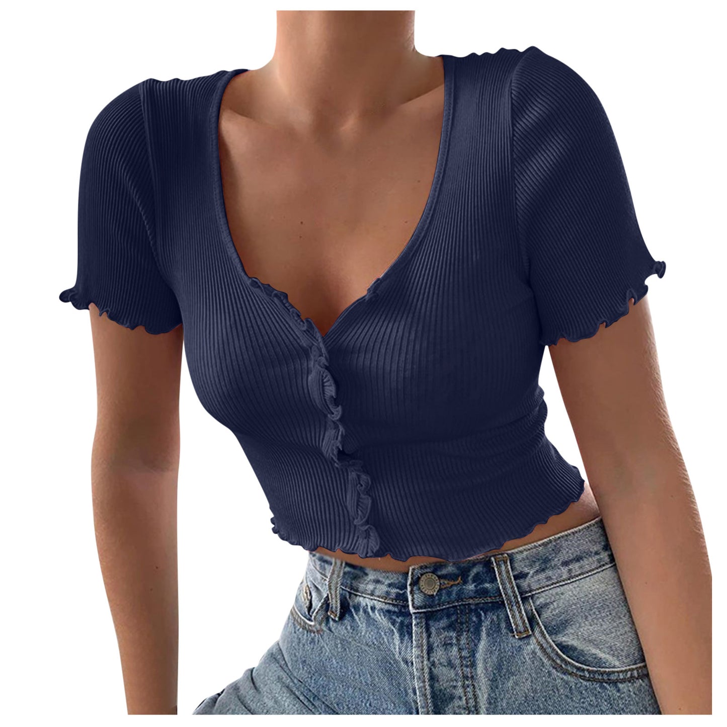 Women Top Short Sleeve T-Shirt Casual Button Crop Top Basic