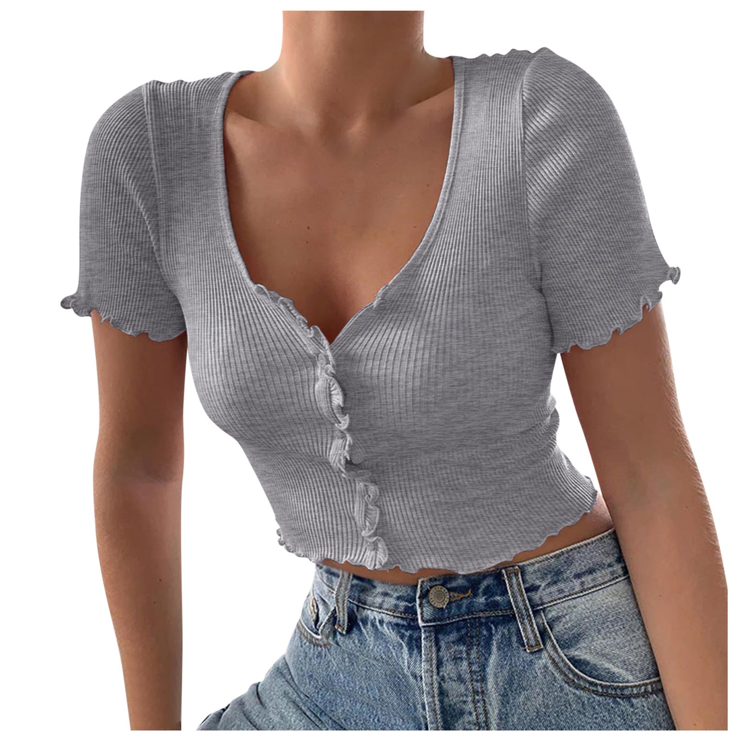 Damen Top Kurzarm T-Shirt Casual Button Crop Top Basic