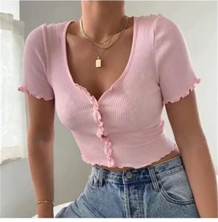 Women Top Short Sleeve T-Shirt Casual Button Crop Top Basic