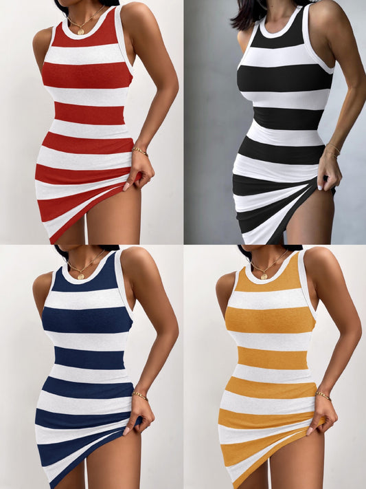 Women Slim Dress Summer New Style Striped Bag Hip