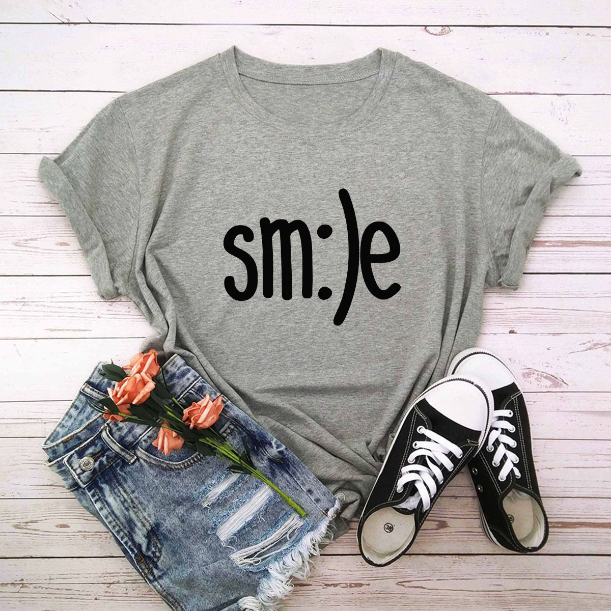 Women New Smile Letter Printed Shirt O Neck Short Sleeve Tees Summer Top 100%cotton S-5XL