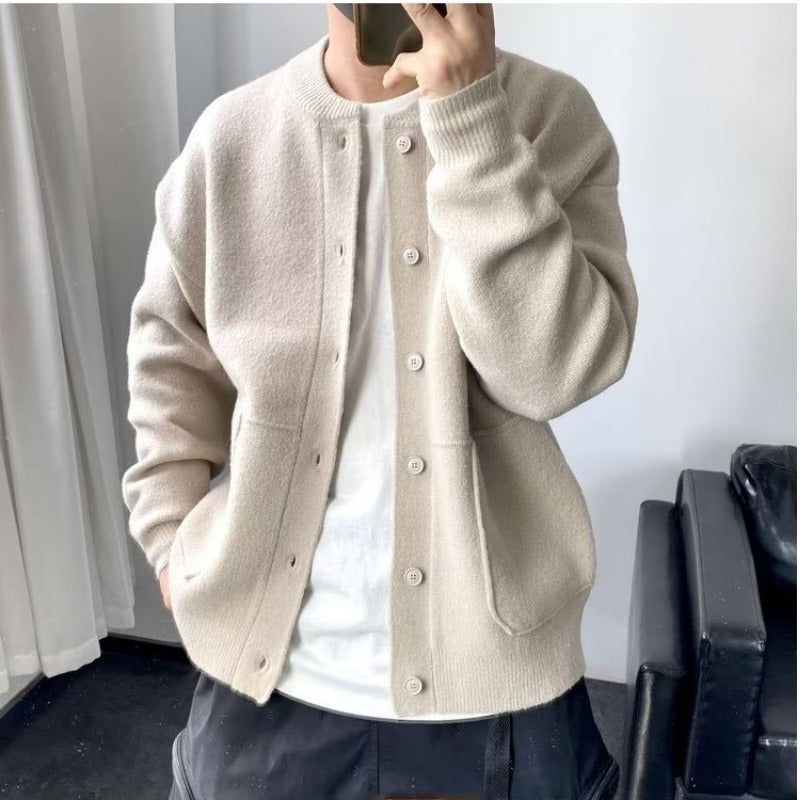 Men Woll Strickjacke Herren Frühling und Herbst Hong Kong Style Pullover Runde Hals Jacke Einfacher Lose Dicker Pullover Mantel