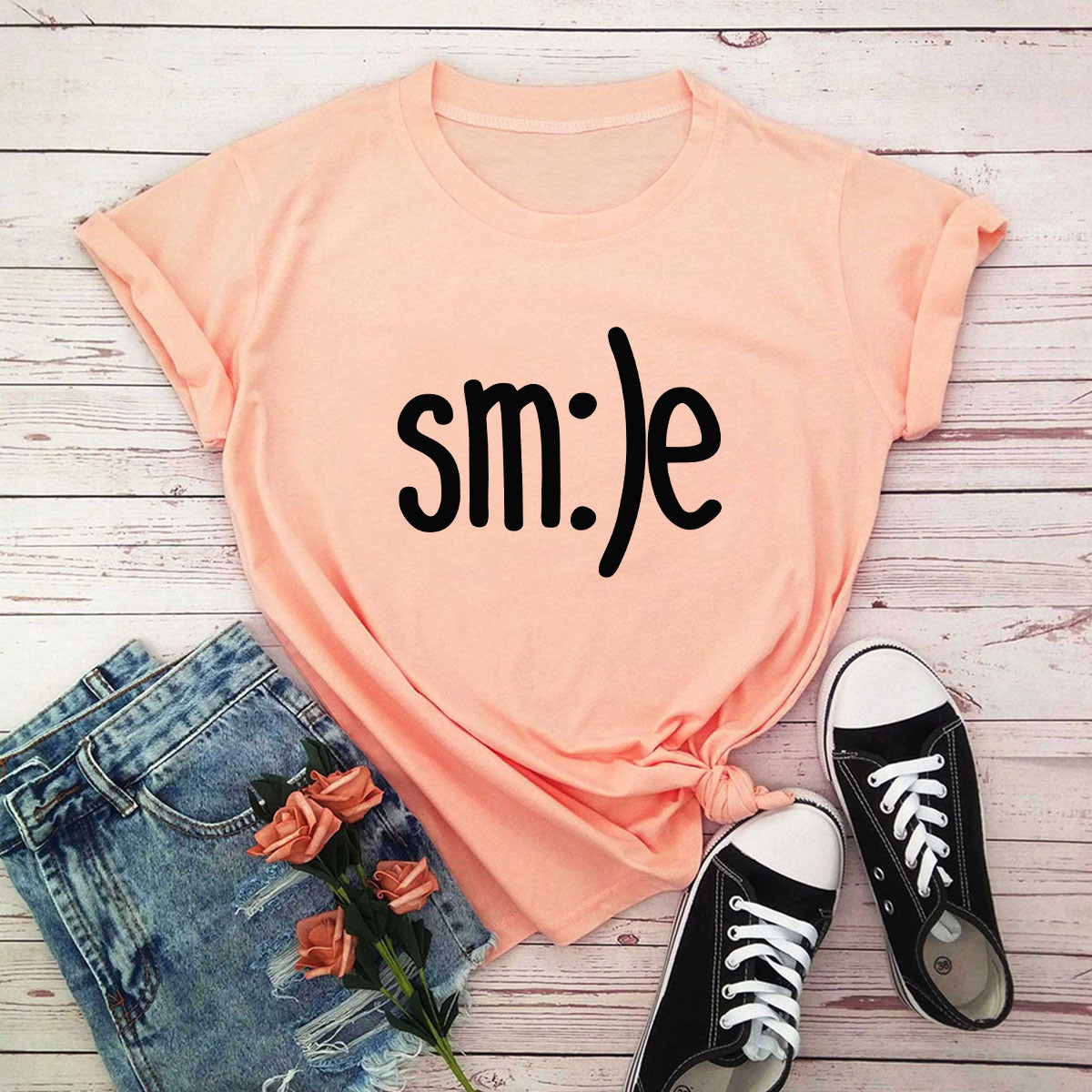 Women New Smile Letter Printed Shirt O Neck Short Sleeve Tees Summer Top 100%cotton S-5XL