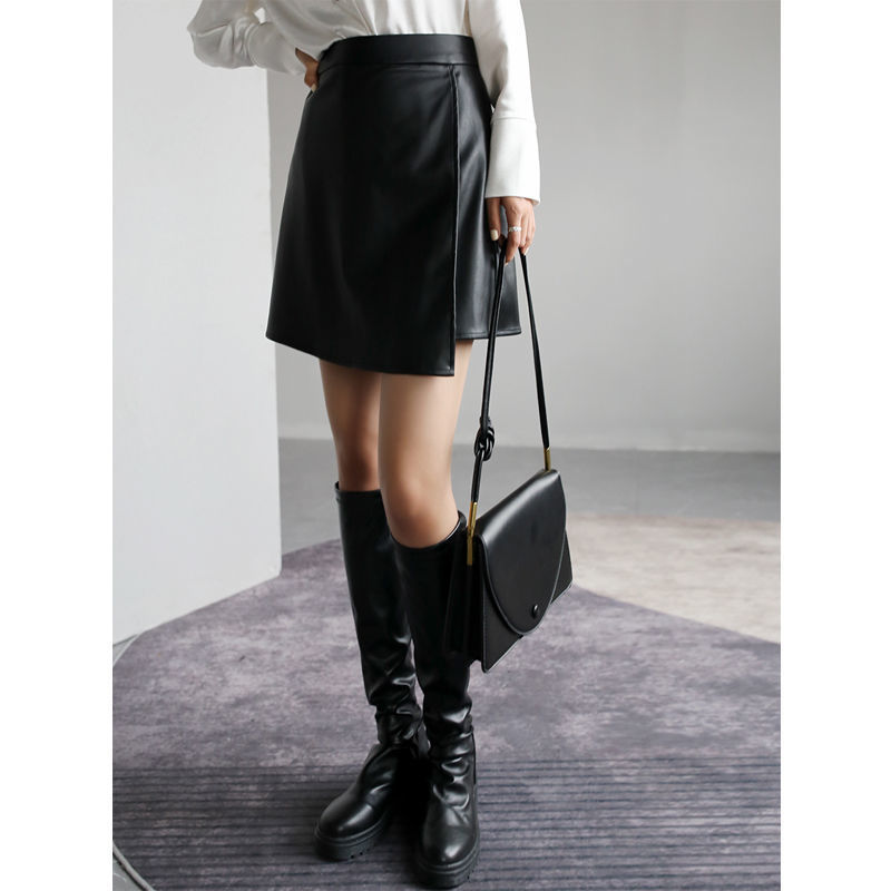 Women's retro high waist PU leather A-line small leather skirt temperament hip skirt skirt