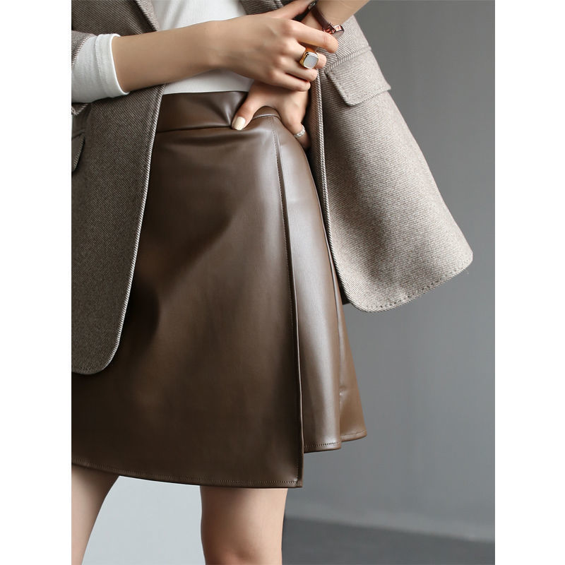 Women's retro high waist PU leather A-line small leather skirt temperament hip skirt skirt