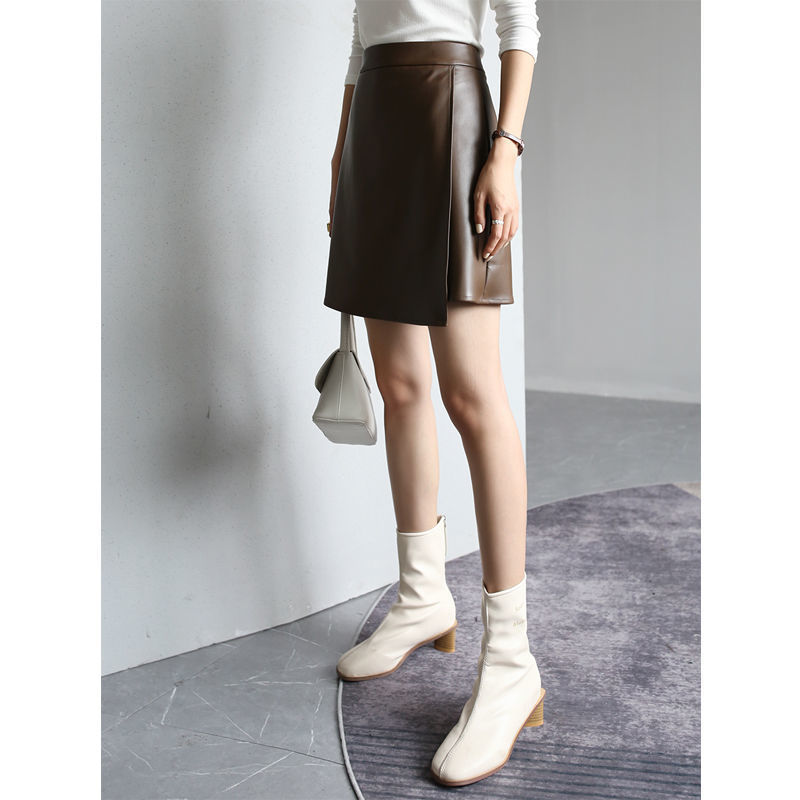 Women's retro high waist PU leather A-line small leather skirt temperament hip skirt skirt