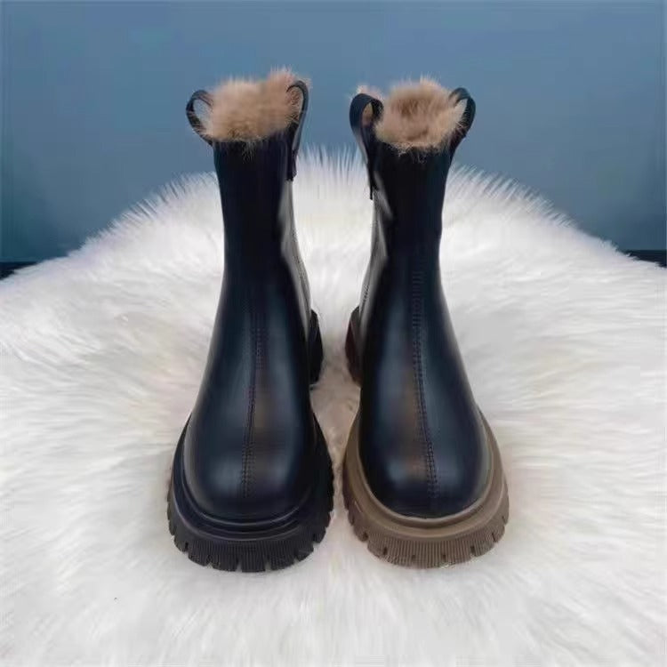 Damenschuhe aus dicker, mit Fleece gefütterter Baumwolle aus Nordostchina, dicke Sohle, rutschfeste Schneestiefel, Stiefeletten mit Rauchrohr