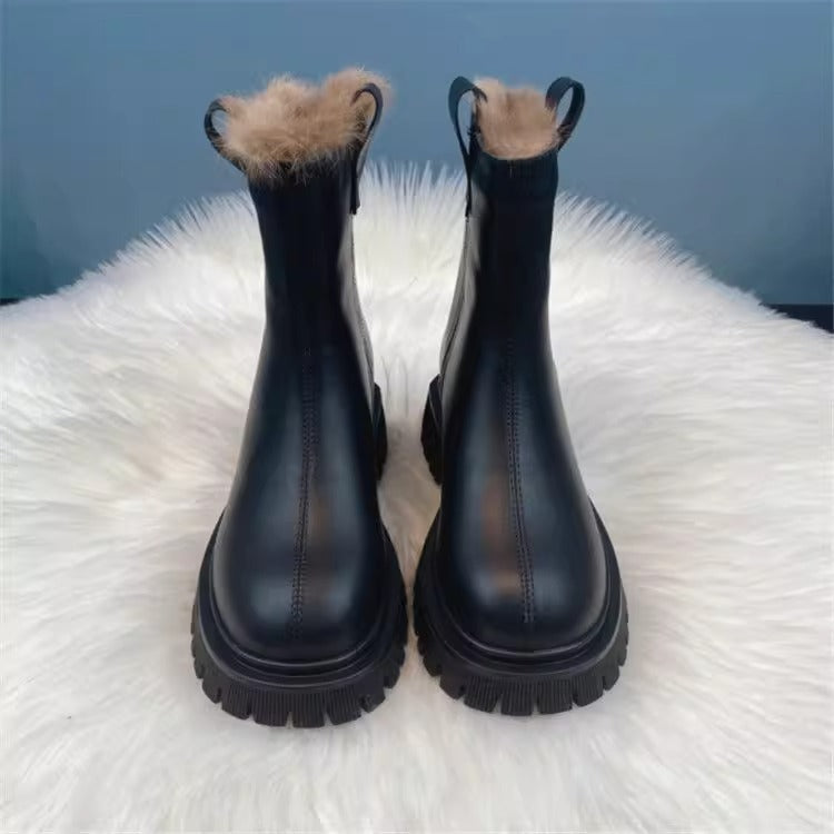 Damenschuhe aus dicker, mit Fleece gefütterter Baumwolle aus Nordostchina, dicke Sohle, rutschfeste Schneestiefel, Stiefeletten mit Rauchrohr