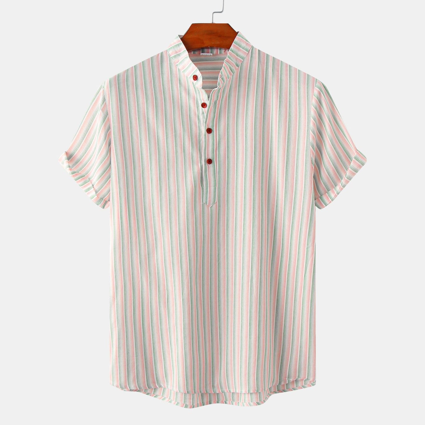 Men's Striped Printed Stand Collar Short Sleeve Shirt