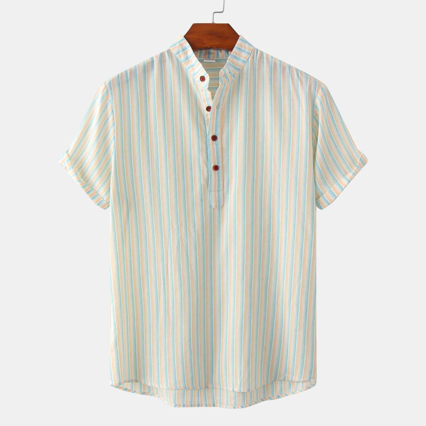 Men's Striped Printed Stand Collar Short Sleeve Shirt