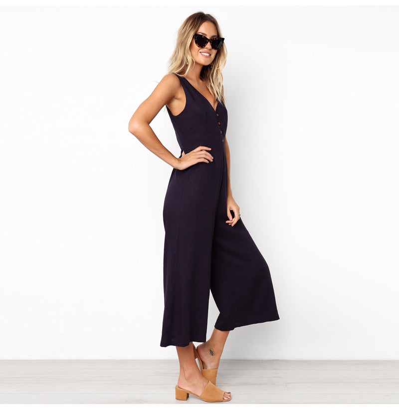 Women V-neck button backless jumpsuit