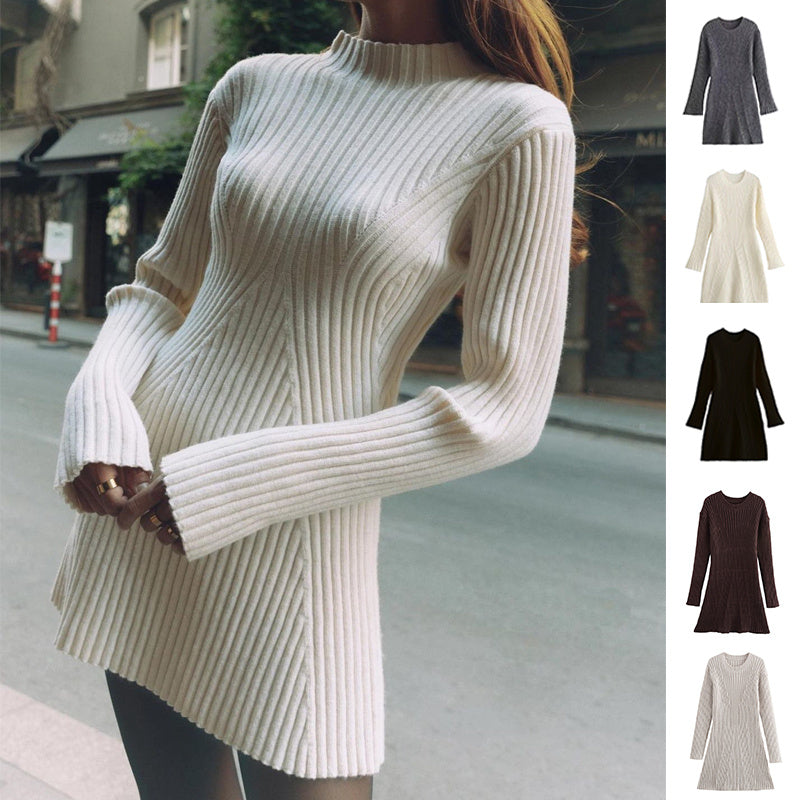 Women's Fashion Solid Ribbed Knitted Dress Fall And Winter Slim-fit Stand-up Collar A-line Dressed