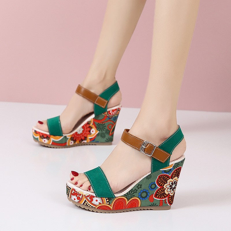 Women's sandals fashionable floral embroidered with high wedge heel for women