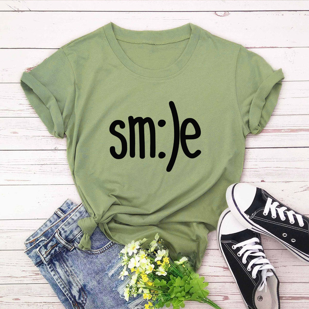 Women New Smile Letter Printed Shirt O Neck Short Sleeve Tees Summer Top 100%cotton S-5XL