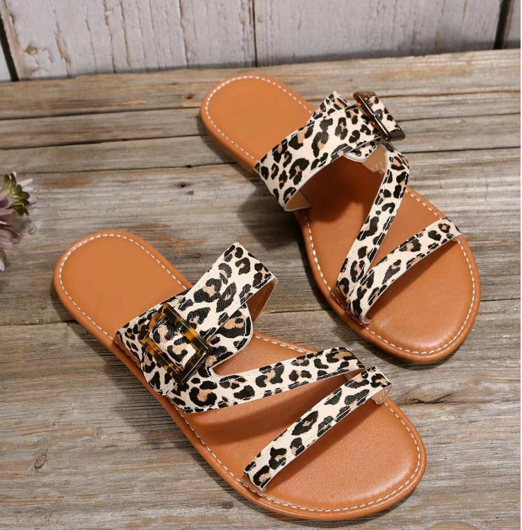 Damen Leos-Leoparden Muster flache Sommer Sandalen