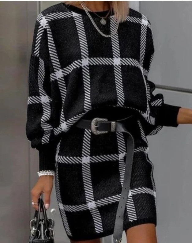 Women Large Plaid Pullover Long Sleeve Woolen Skirt Suit Two-piece Set