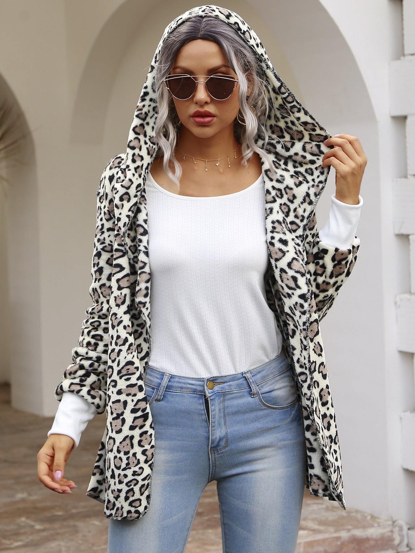 Women Warm Winter Wild Leopard Print Hooded Cardigan Jacket