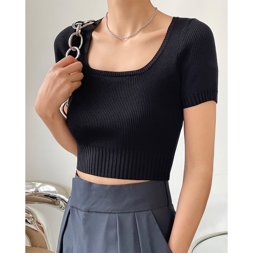 Women's live style fashionable square neck short navel t-shirt slimming short sleeve knitted top