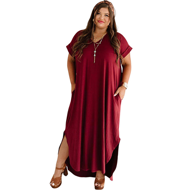 Women Short Sleeve Loose And Simple V-neck Dress